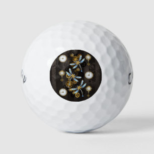 Steampunk Dragonflies on brown striped background Golf Balls