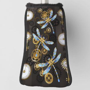 Steampunk Dragonflies on brown striped background Golf Head Cover