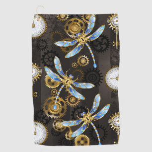 Steampunk Dragonflies on brown striped background Golf Towel