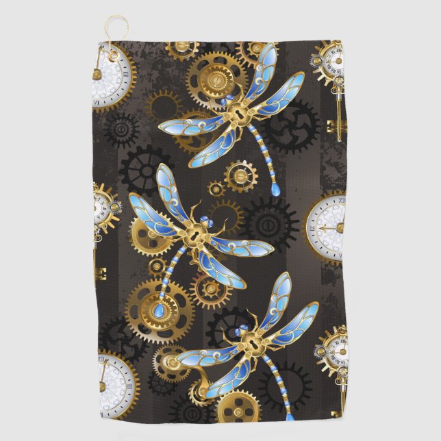 Steampunk Dragonflies on brown striped background Golf Towel (Front)