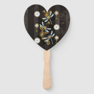 Steampunk Dragonflies on brown striped background Hand Fan