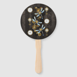 Steampunk Dragonflies on brown striped background Hand Fan