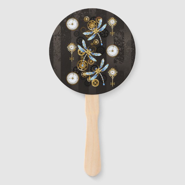 Steampunk Dragonflies on brown striped background Hand Fan (Front)