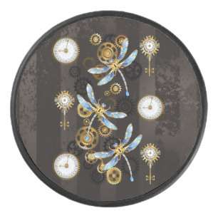 Steampunk Dragonflies on brown striped background Hockey Puck