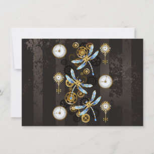 Steampunk Dragonflies on brown striped background Holiday Card