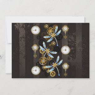 Steampunk Dragonflies on brown striped background Holiday Card
