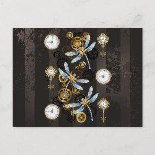 Steampunk Dragonflies on brown striped background Holiday Postcard