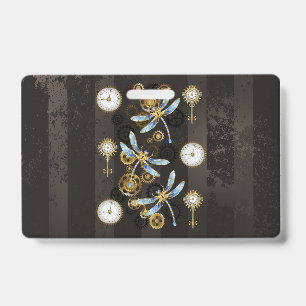 Steampunk Dragonflies on brown striped background ID Badge