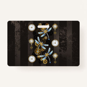 Steampunk Dragonflies on brown striped background ID Badge