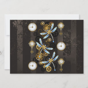 Steampunk Dragonflies on brown striped background Invitation