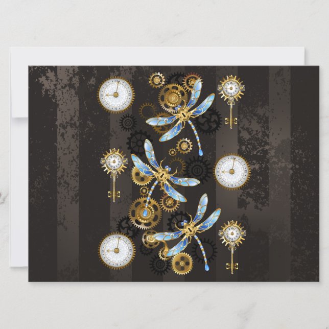 Steampunk Dragonflies on brown striped background Invitation (Front)