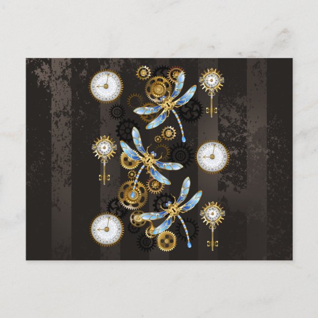 Steampunk Dragonflies on brown striped background Invitation Postcard (Front)