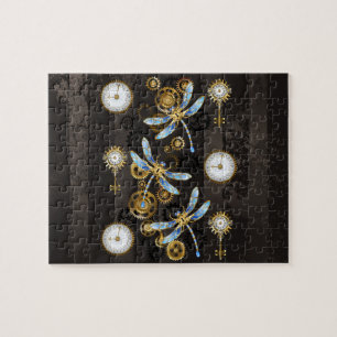 Steampunk Dragonflies on brown striped background Jigsaw Puzzle
