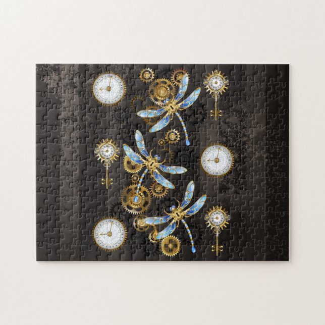 Steampunk Dragonflies on brown striped background Jigsaw Puzzle (Horizontal)
