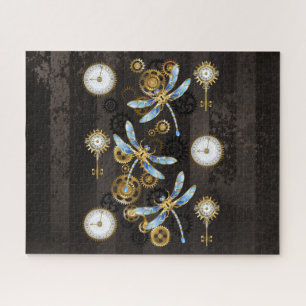 Steampunk Dragonflies on brown striped background Jigsaw Puzzle