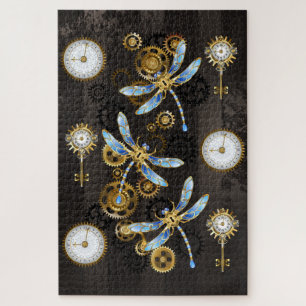 Steampunk Dragonflies on brown striped background Jigsaw Puzzle