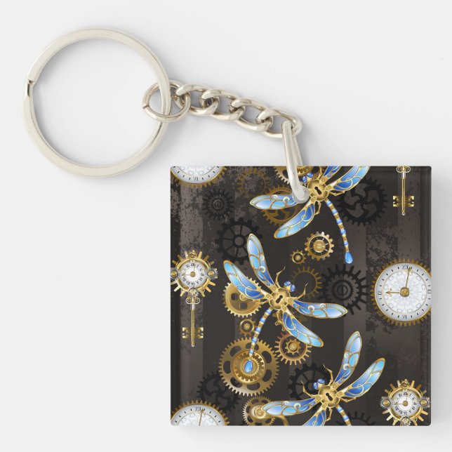 Steampunk Dragonflies on brown striped background Key Ring (Front)