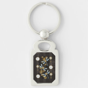 Steampunk Dragonflies on brown striped background Key Ring
