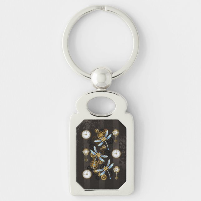 Steampunk Dragonflies on brown striped background Key Ring (Front)