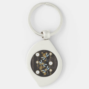 Steampunk Dragonflies on brown striped background Key Ring