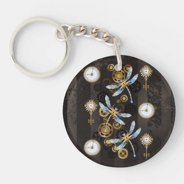 Steampunk Dragonflies on brown striped background Key Ring (Front)
