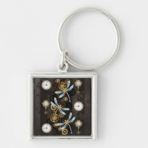Steampunk Dragonflies on brown striped background Key Ring