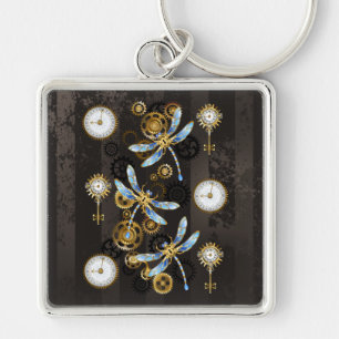 Steampunk Dragonflies on brown striped background Key Ring