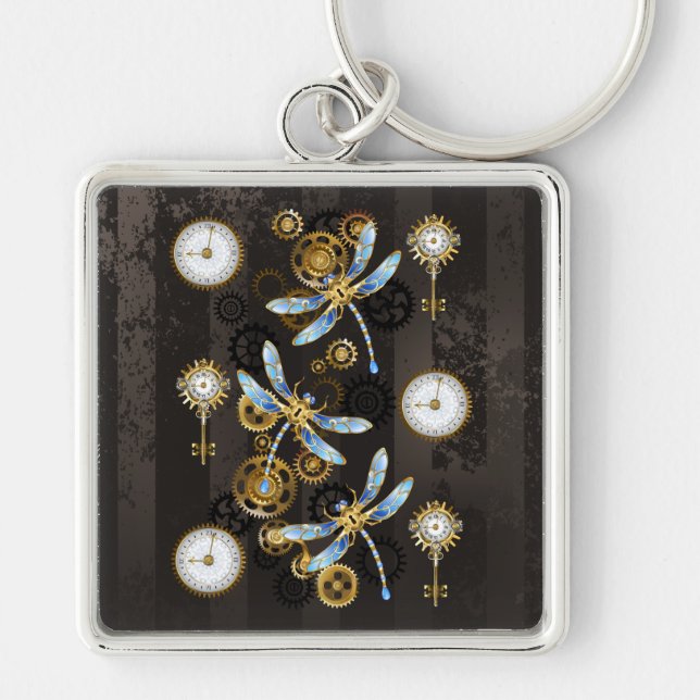 Steampunk Dragonflies on brown striped background Key Ring (Front)