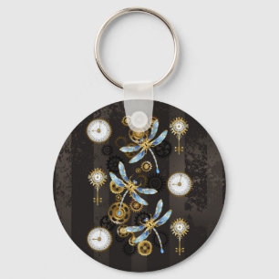 Steampunk Dragonflies on brown striped background Key Ring