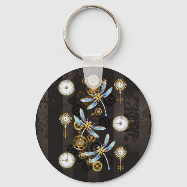 Steampunk Dragonflies on brown striped background Key Ring (Front)