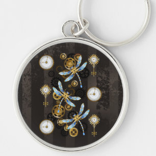 Steampunk Dragonflies on brown striped background Key Ring