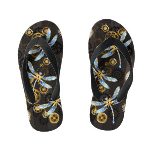 Steampunk Dragonflies on brown striped background Kid's Flip Flops