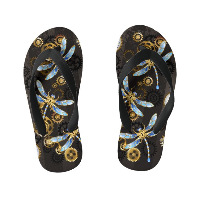 Steampunk Dragonflies on brown striped background Kid's Flip Flops (Footbed)