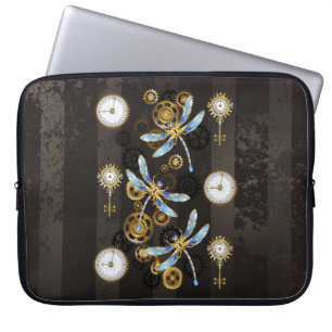 Steampunk Dragonflies on brown striped background Laptop Sleeve