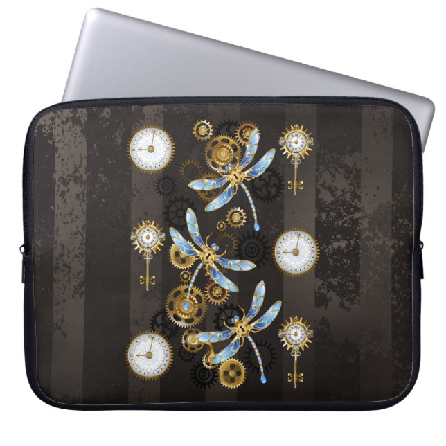 Steampunk Dragonflies on brown striped background Laptop Sleeve (Front)