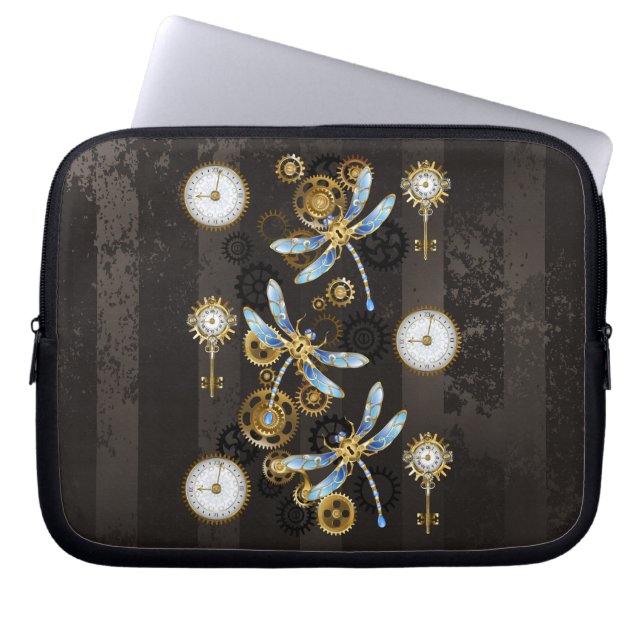 Steampunk Dragonflies on brown striped background Laptop Sleeve (Front)