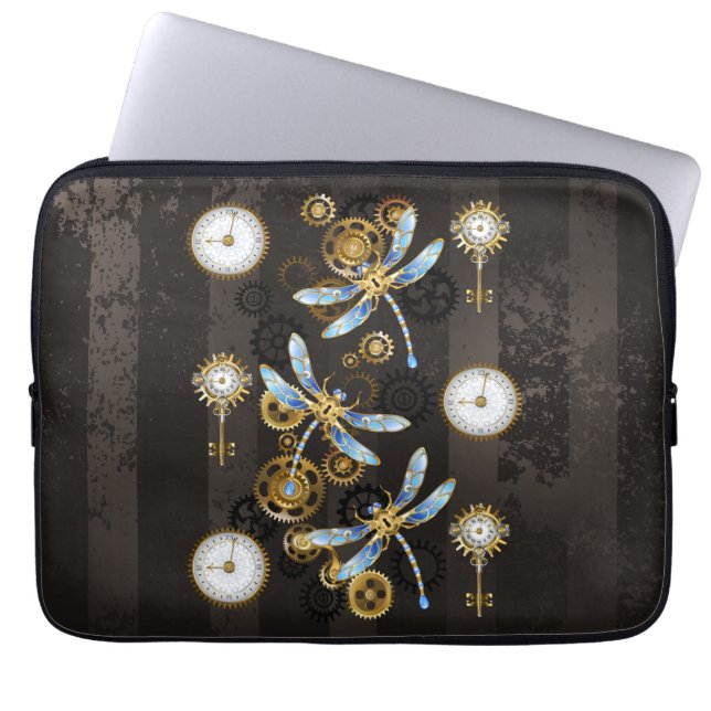Steampunk Dragonflies on brown striped background Laptop Sleeve (Front)