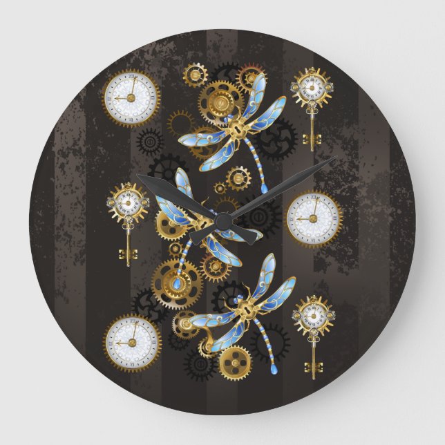 Steampunk Dragonflies on brown striped background Large Clock (Front)