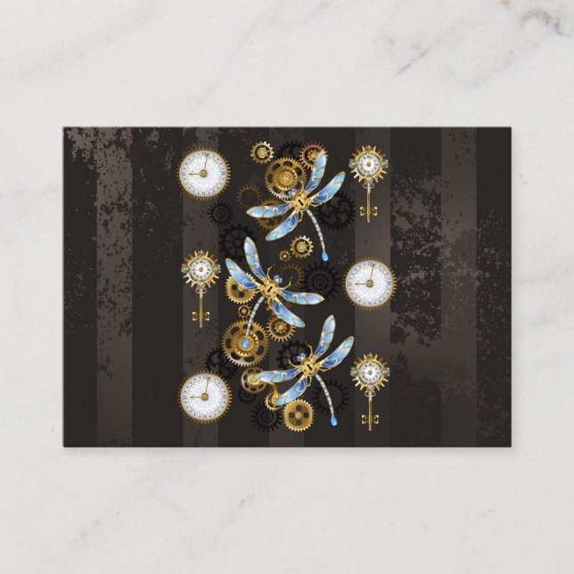 Steampunk Dragonflies on brown striped background Loyalty Card (Front)