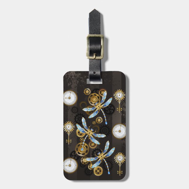 Steampunk Dragonflies on brown striped background Luggage Tag (Front Vertical)