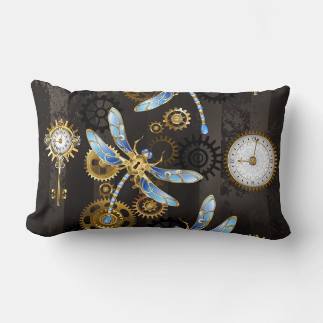 Steampunk Dragonflies on brown striped background Lumbar Cushion (Front)
