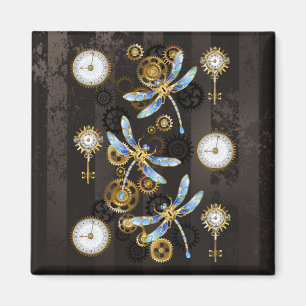 Steampunk Dragonflies on brown striped background Magnet