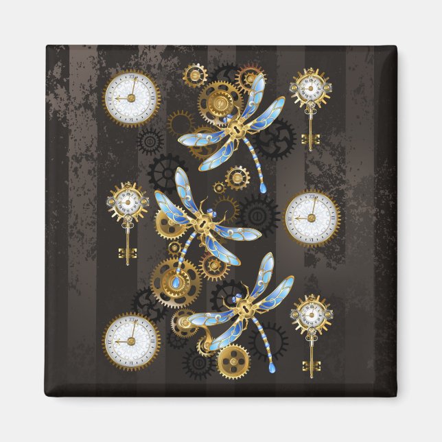 Steampunk Dragonflies on brown striped background Magnet (Front)