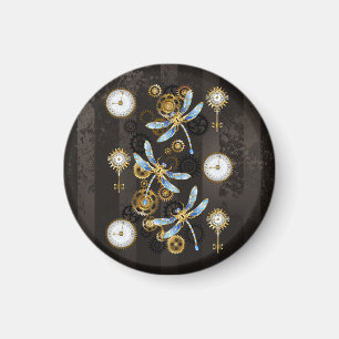 Steampunk Dragonflies on brown striped background Magnet