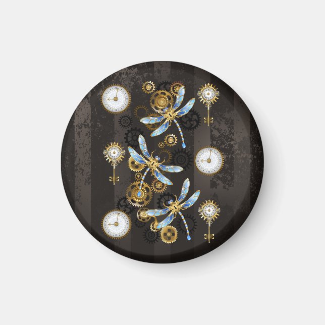 Steampunk Dragonflies on brown striped background Magnet (Front)
