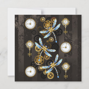 Steampunk Dragonflies on brown striped background Magnetic Invitation