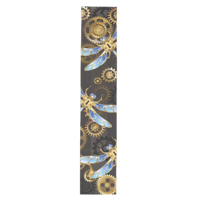Steampunk Dragonflies on brown striped background Medium Table Runner (Front)
