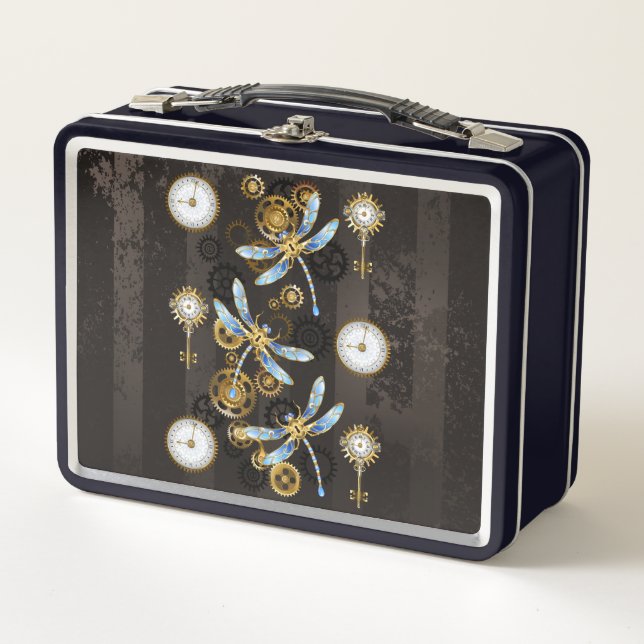 Steampunk Dragonflies on brown striped background Metal Lunch Box (Front)