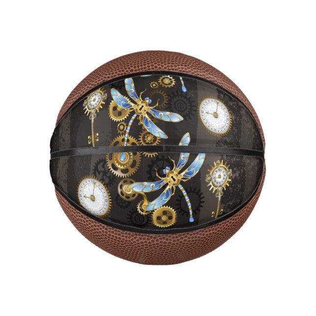 Steampunk Dragonflies on brown striped background Mini Basketball (Front)