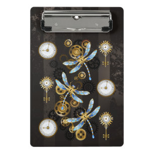 Steampunk Dragonflies on brown striped background Mini Clipboard
